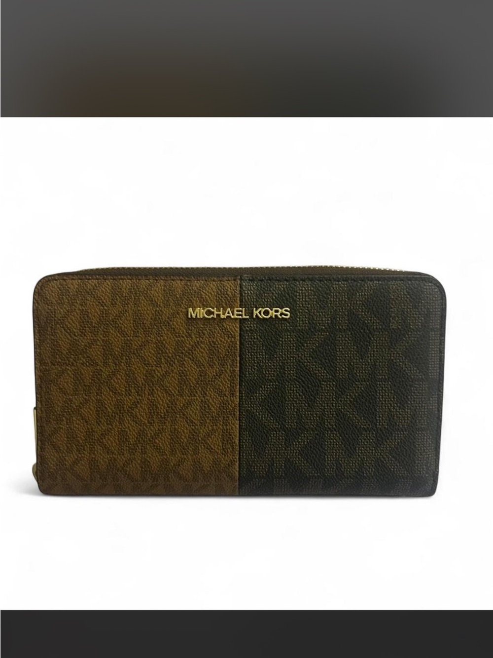 NWT Michael Kors Two-Tone Brown and Dark Brown Zip-Around Wallet.